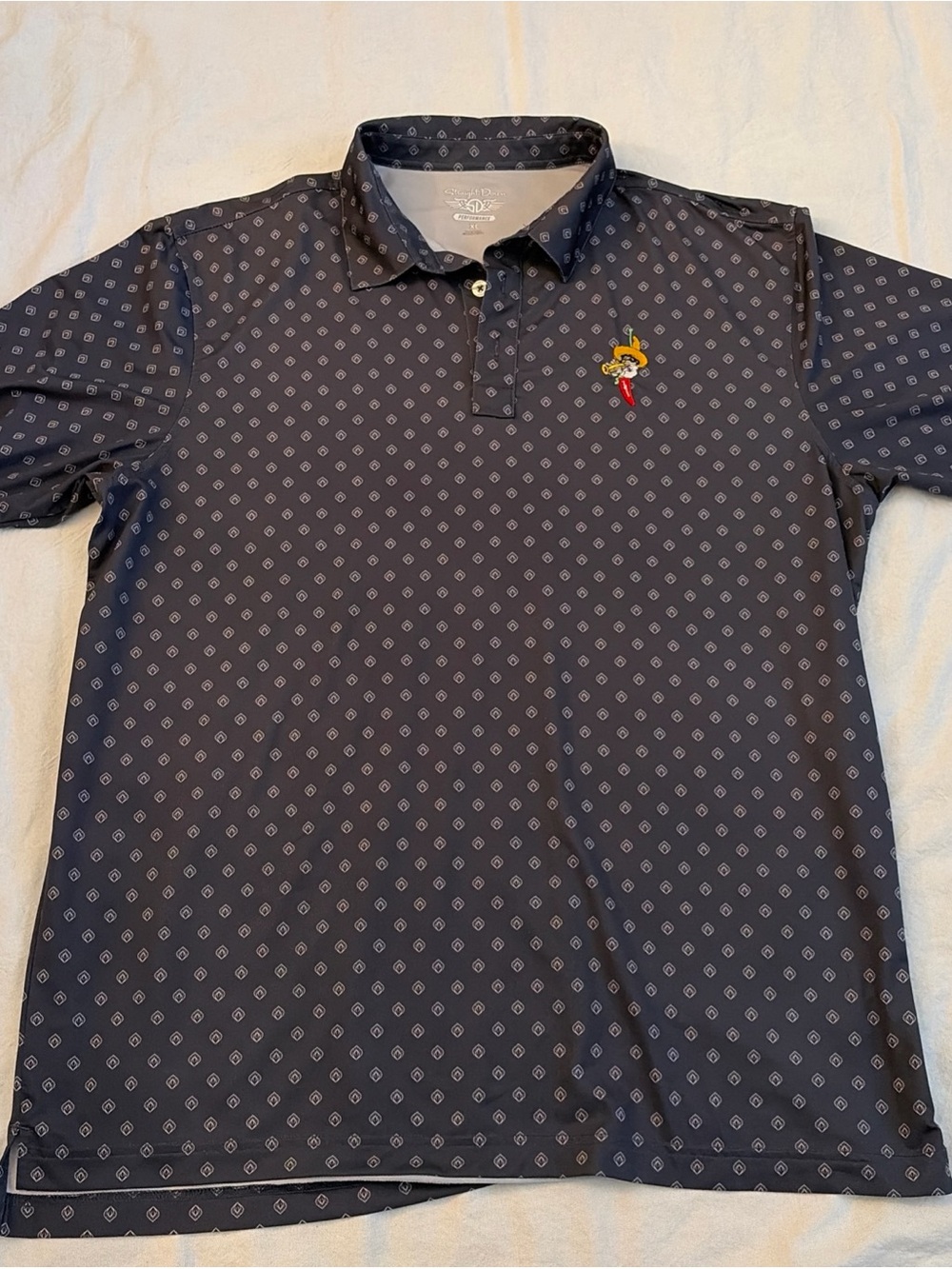 Straight Down Men's Grey Polo with Trumpet Playing Chili Pepper Embroidered Logo